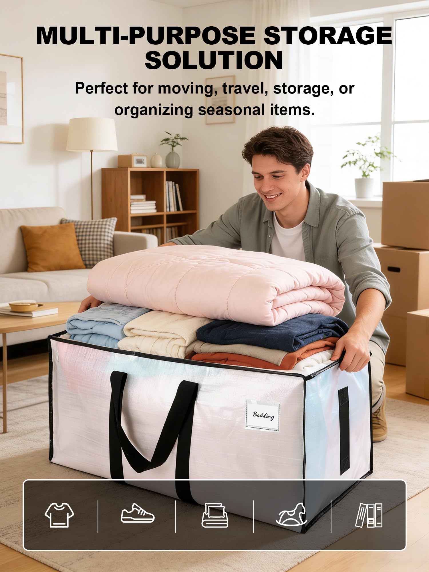 HOMESURE 8 Pack Large Strong Moving Bags with Zippers & Carrying Handles - Water-Resistant - Heavy Duty Storage Tote for Space Saving, Fold Flat, Alternative to Moving Box (Semi-Transparent) - 5