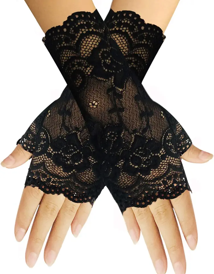 Luvas femininas de renda curta com protetor solar, luvas florais de pulso para noivas sem dedos, ópera, festa noturna, casamento, chá, formatura, cosplay, 1920, luvas para mulheres e meninas, preto