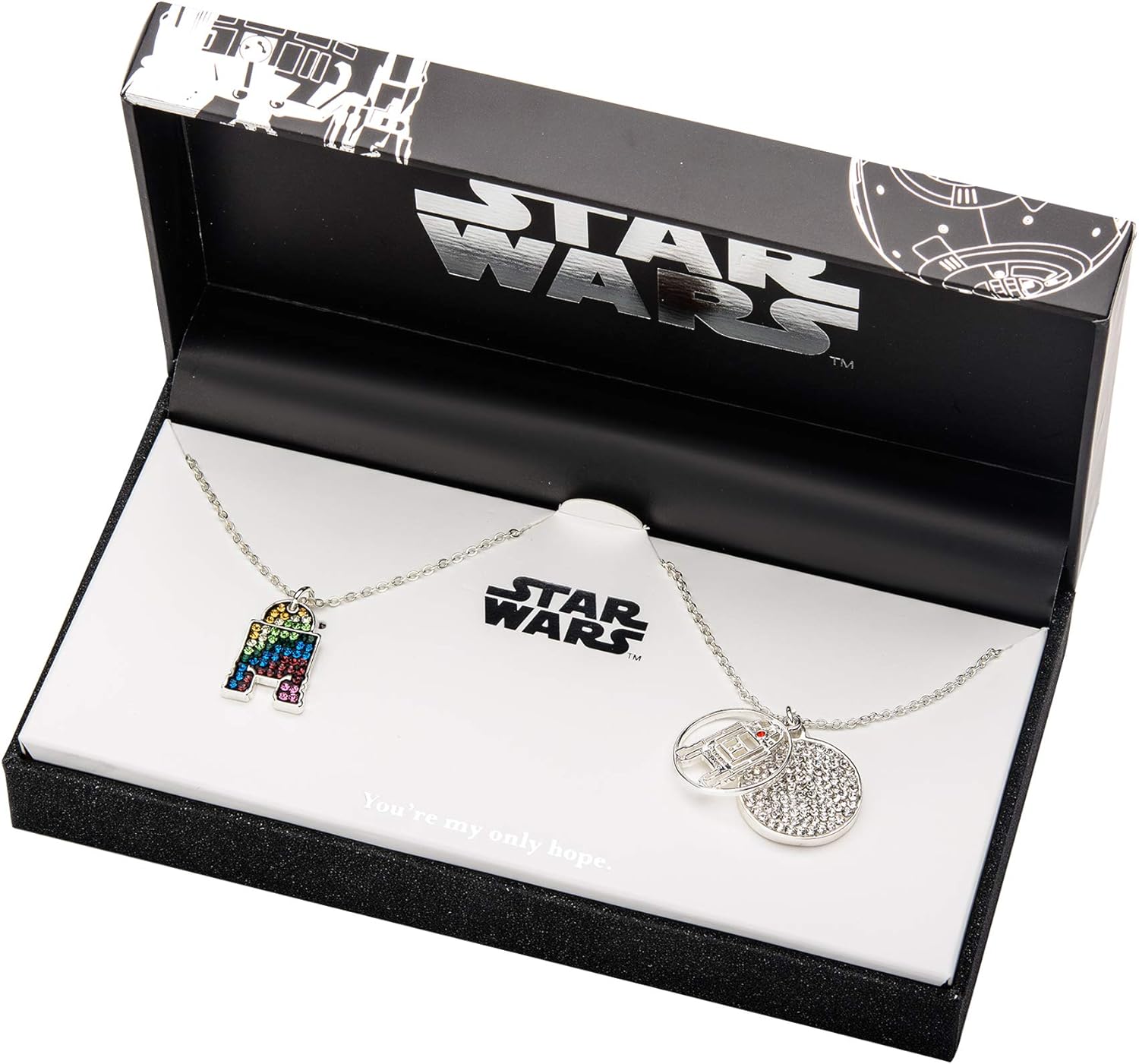 Star Wars Jewelry Women's Silver Plated R2-D2 with Clear Gem and Multi Gem Pendant Necklace Set (2 Piece), Multi, One Size