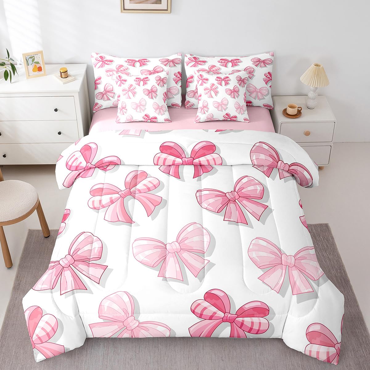 Erosebridal Pink Princess Bedding Set Cute Girly Bow Full Comforter Set 7 Piece Dreamy Aesthetic Bowknot Bed in A Bag Watercolor Ribbon Bow Bed Set for Kids Girls Teen Women Bedroom Decor