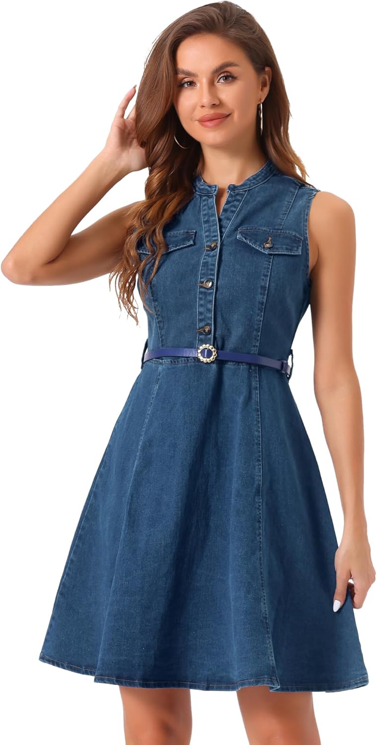 Allegra K Denim Dress for Women's Casual Belted Jean Sleeveless Shirt Dresses