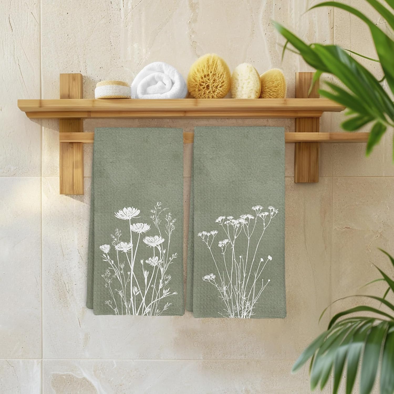 Vintage Sage Green Kitchen Towel and Dish Towel Set of 2, Farmhouse Retro Wildflower Decor Hand Towels, Spring Botanical Green Decorative Hand Dish Tea Towels for Bathroom Kitchen, 16x24 in