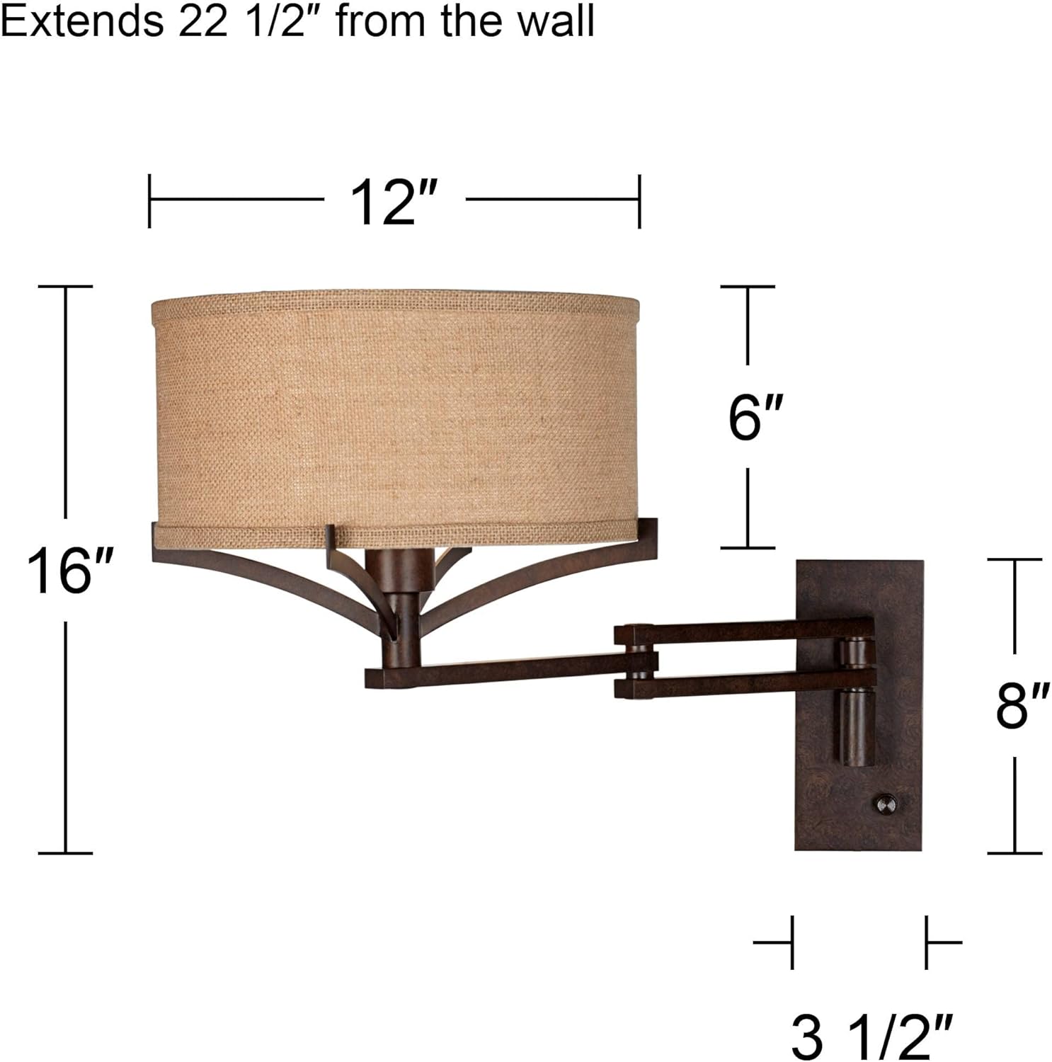 Franklin Iron Works Tremont Rustic Farmhouse Swing Arm Wall Lamp Bronze Plug-in Light Fixture Dimmable Tan Burlap Drum Shade for Bedroom Bedside House Reading Living Room Home Hallway Dining