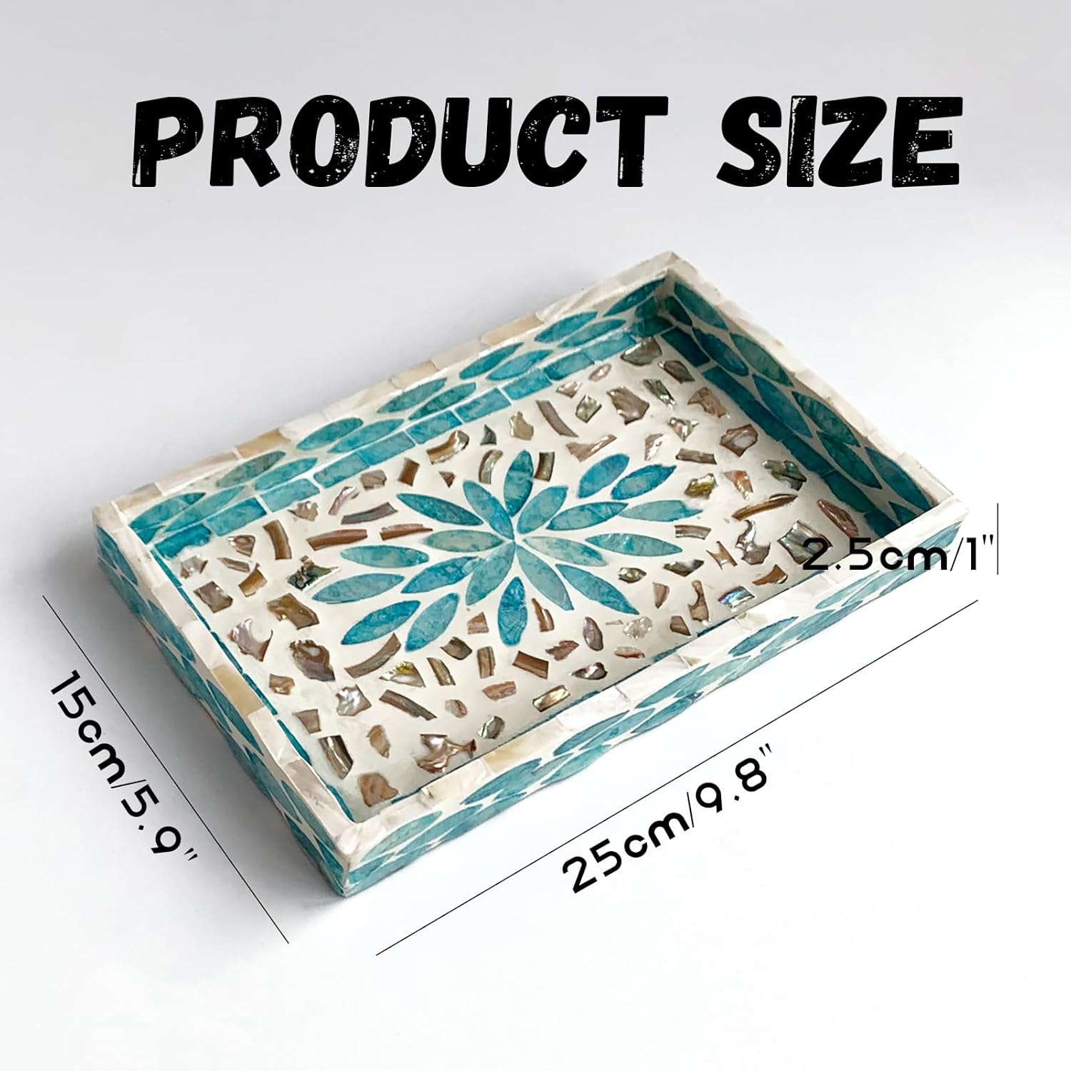 Mother of Pearl Inlay Wooden Tray – Handmade Decorative Rectangle Serving Tray for Coffee Table, Kitchen, Bathroom, Vanity or Living Room Decor,Blue Leaves