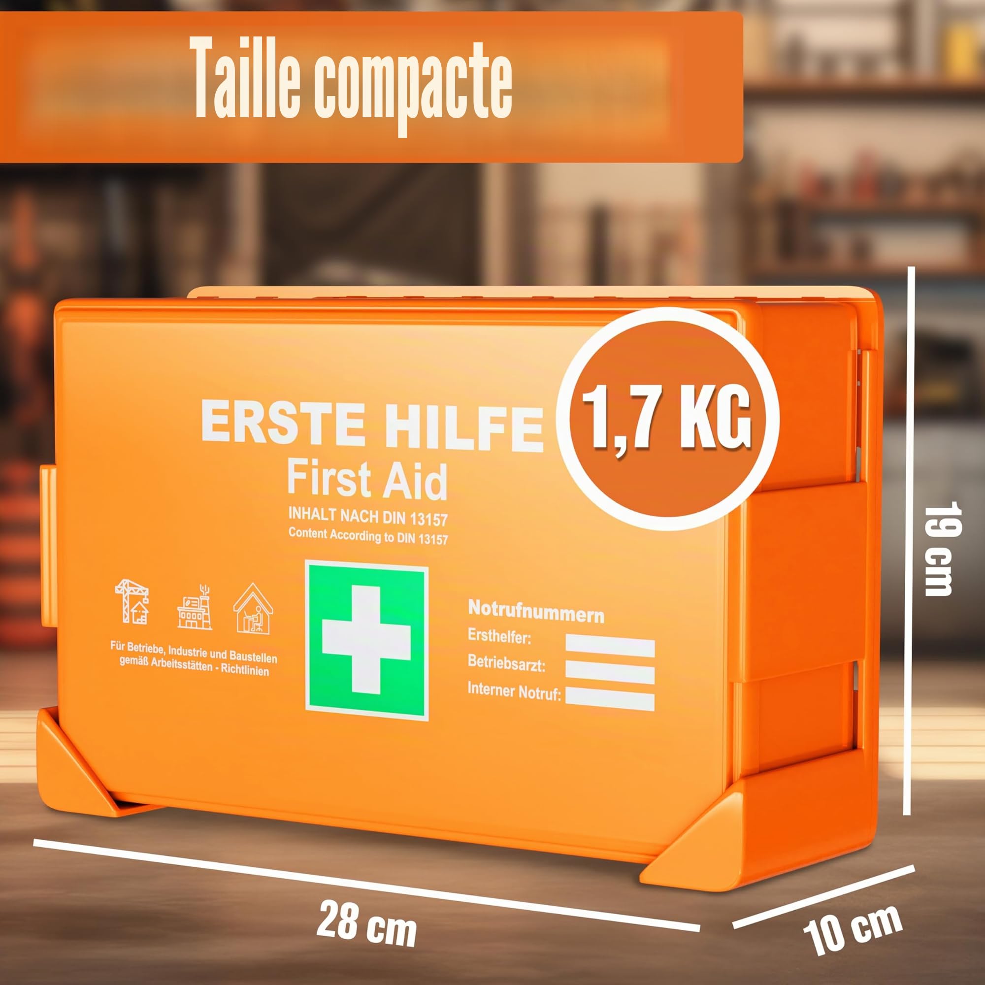 HELDENWERK Kit de premiers secours selon la nouvelle norme DIN 13157:2021 avec support mural et autocollants | Sac de premiers secours universel pour entreprise, ménage ou restauration - Trousse de