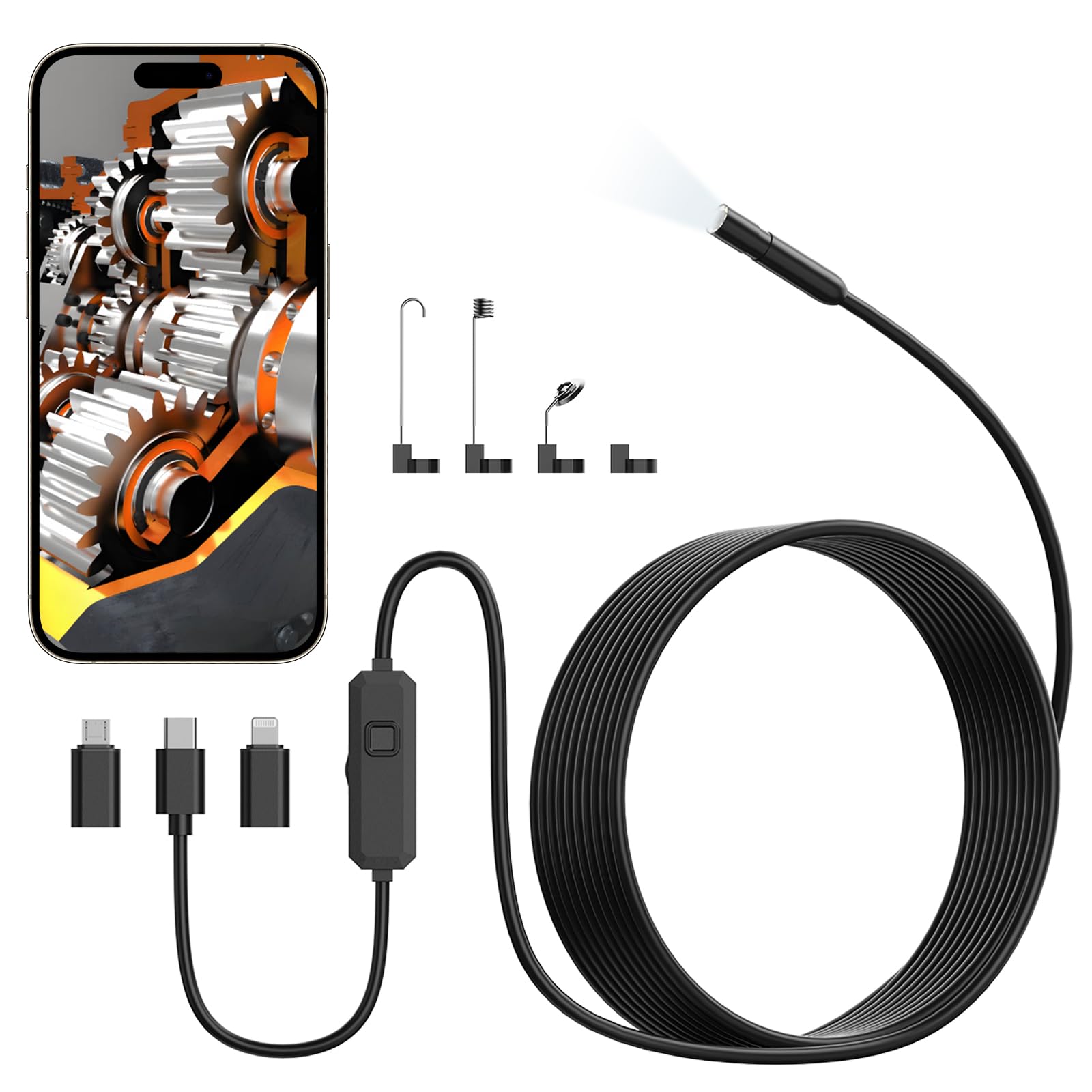 TOPDC Endoscope Camera with Light, 1920P HD Scope Camera, 8 LED Adjustable Inspection Borescope for Android and iOS, 16.4ft Semi-Rigid Snake Cable,