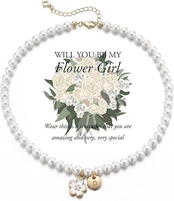 Flower Girl Gift Pearl Necklace - Personalized Faux Pearl Initial Necklace A-Z Flower Girls Proposal Gifts
