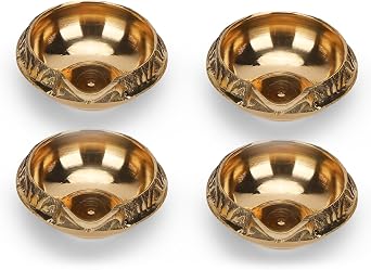 Golden Brass Devla Emboss Diya Deepak   Handmade Traditional Oil Lamp Set of 4 for Diwali Pooja and Home Decoration, Made of Virgin Brass Metal Perfect for Festival Celebrations