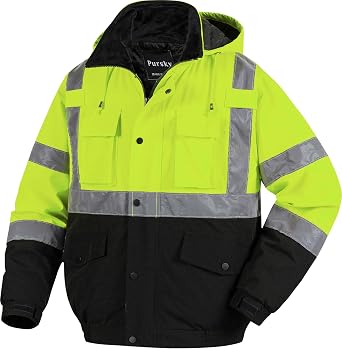 Pursky Mens High Visibility Jacket Reflective Winter Safety Jackets Waterproof Hi Vis Construction Work Coats With Hood