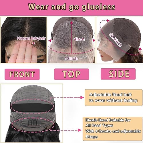 Miniatura 6 de Pelucas de cabello humano ondulado con encaje frontal de 13 x 4, pelucas de cabello humano húmedo y ondulado, sin pegamento, prearrancadas con