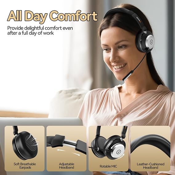 Wireless Headset with Mic for Work,Bluetooth Headphone with Noise Cancelling Microphone,2.4G USB Dongle & Mic Mute for Laptop/Computer/Cell Phones/Office/Remote Work/Call Center/Zoom/Teams/Skype