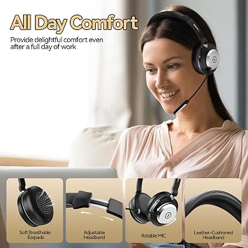 Wireless Headset with Mic for Work,Bluetooth Headphone with Noise Cancelling Microphone,2.4G USB Dongle & Mic Mute for Laptop/Computer/Cell Phones/Office/Remote Work/Call Center/Zoom/Teams/Skype