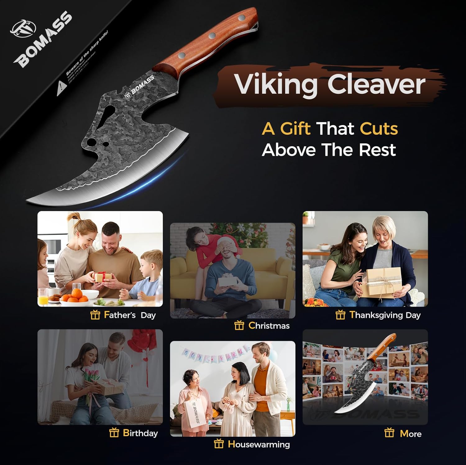 Viking Meat Cleaver Knife Boning Knife Hand Forged Heavy Duty Butcher Knife Meat Cutting Kitchen Axe for Outdoor BBQ Birthday Chirstmas Viking Gifts for Men