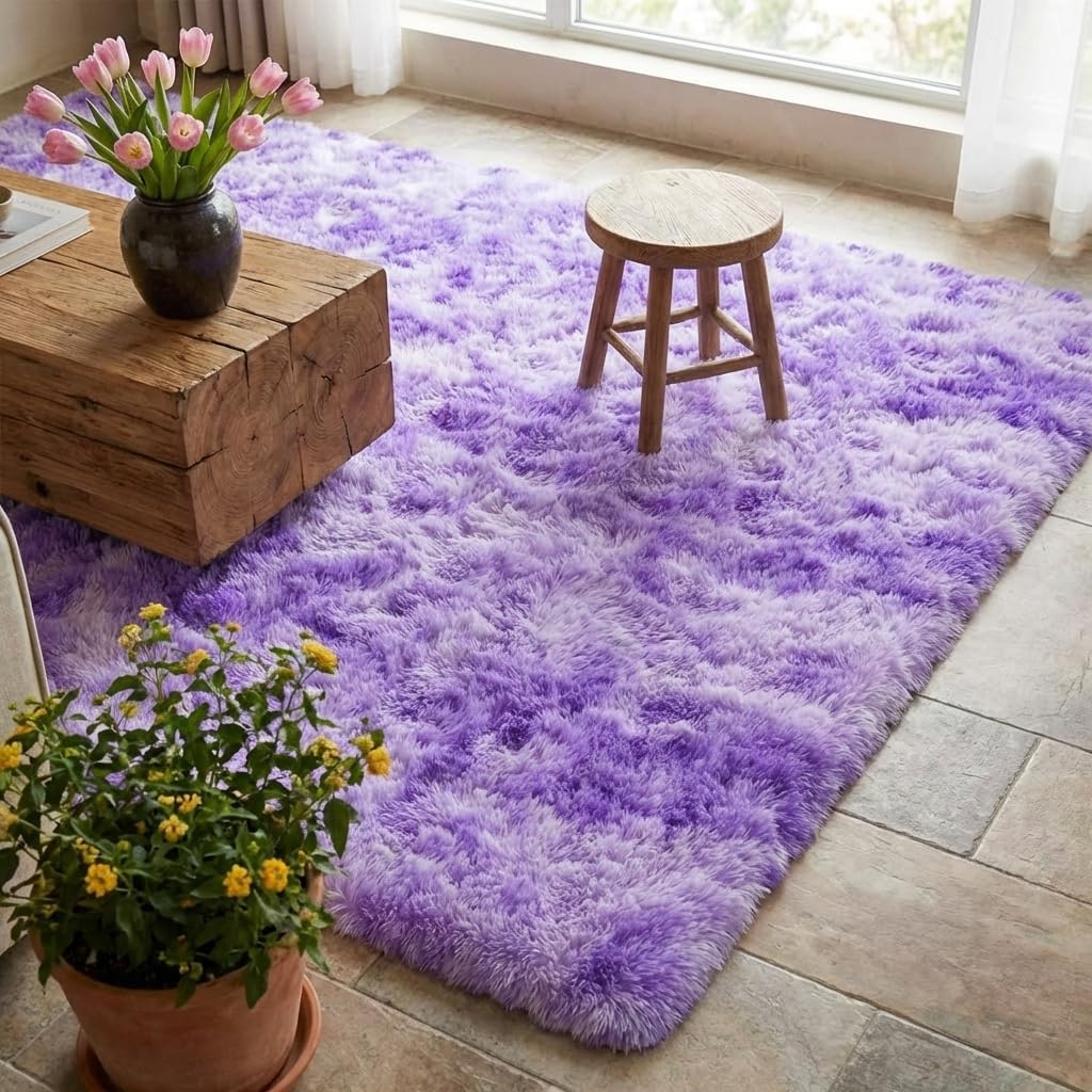 Mugorn 4x6 Rugs for Living Room, Large Fluffy Area Rugs for Bedroom, Soft Carpet Shag Kids Rug with 4 Non-Slip Rug Pads (Purple TieDyed, 4ft x 6ft)