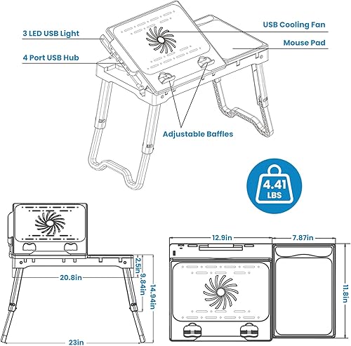 Miniatura 2 de Mesa plegable para laptop, escritorio portátil para cama, soporte para laptop de altura ajustable con ventilador de refrigeración, luz LED, 4