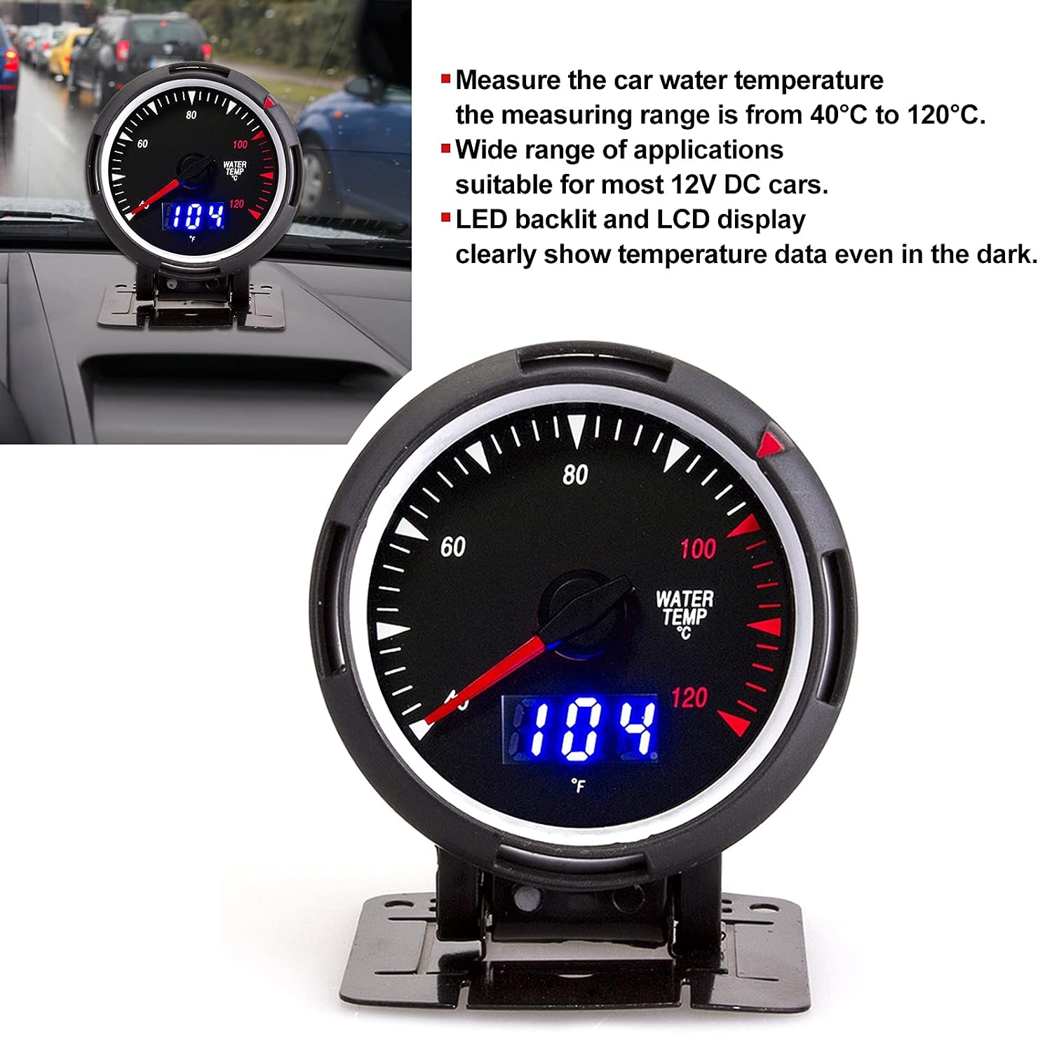 Aramox 2.5in Water Temperature Gauge, Universal Fit for 12V DC Cars, LCD Display 40-120C
