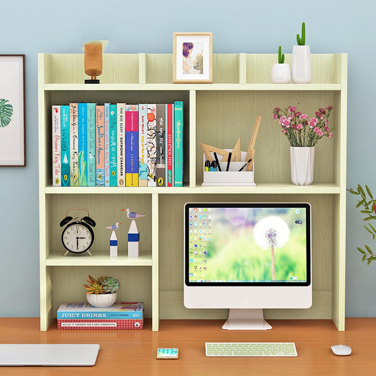 ASerZenith Wooden Desktop Bookshelf Organizer With Pegboard Dorm Room Storage Rack For Students Miniature Skinny Wood Hutch Bookcase For Office Desk (Light Yellow 80Cm/31.4In)