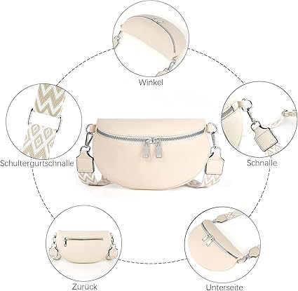 TANTOMI Schoudertas voor dames, PU-leer, crossbody bag voor dames, brede riem, stijlvolle heuptas voor dames, elegant, wit (parel), Medium TANTOMI Schoudertas voor dames, PU-leer, crossbody bag voor dames, brede riem, stijlvolle heuptas voor dames, elegant, wit (parel), Medium