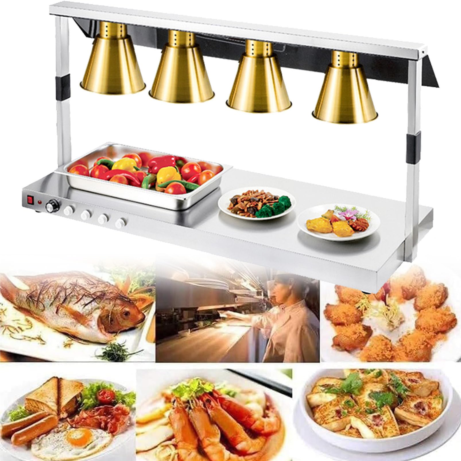 Lampada riscaldante per Alimenti a 1/2/3/4 Testa, Lampada riscaldante per Pizza a Buffet, Piano da Tavolo in Acciaio Inossidabile Commerciale, per Mantenere Il Cibo Caldo, per Mense di Cucina di RIS