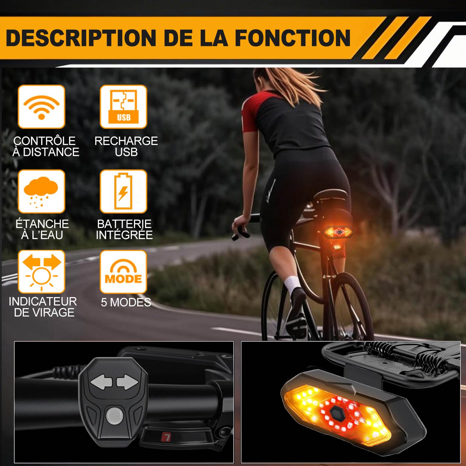 EBUYFIRE Feu Arrière Vélo LED Clignotants Télécommande 5 Modes IPX4 USB Rechargeable Klaxon Montage Universel