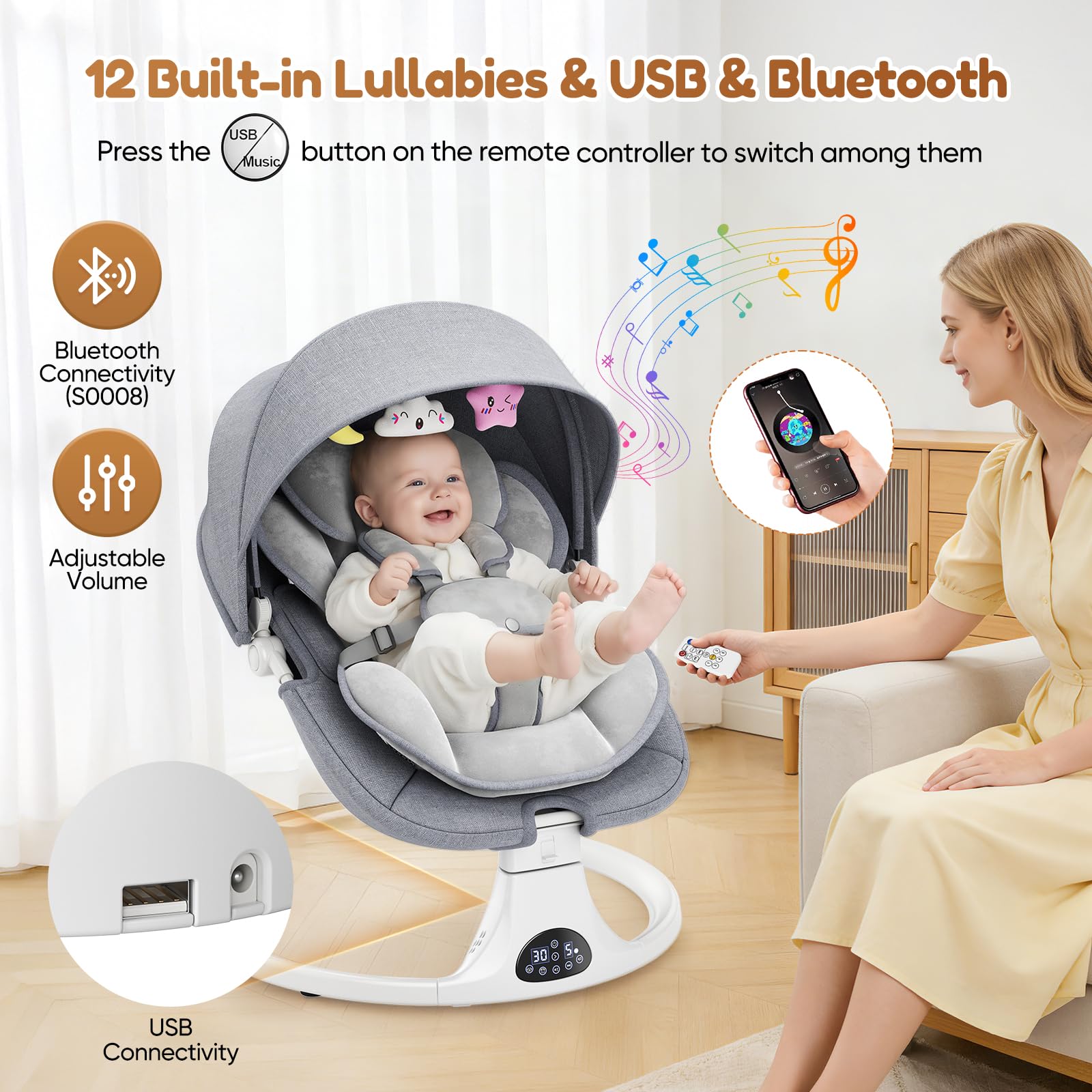 Dossier Réglable Transat Bébé Electrique, Balancelle Bébé Avec Coussin Amovible et Table D'appoint, Balançoire pour Baby avec 3 Minuteries et 5 Vitesses, 12 Mélodies, 3 Options D'alimentation (Gris)