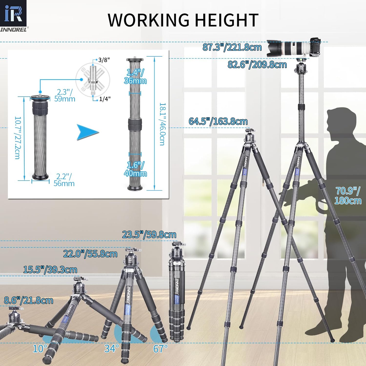 INNOREL Carbon Fiber Compact Tripod KT405C Professional 40mm Tube 5 Sections Heavy Duty Camera Stand for Digital DSLR Video Camcorder with 52mm Low Profile Panoramic Ballhead Center Column Load 30kg