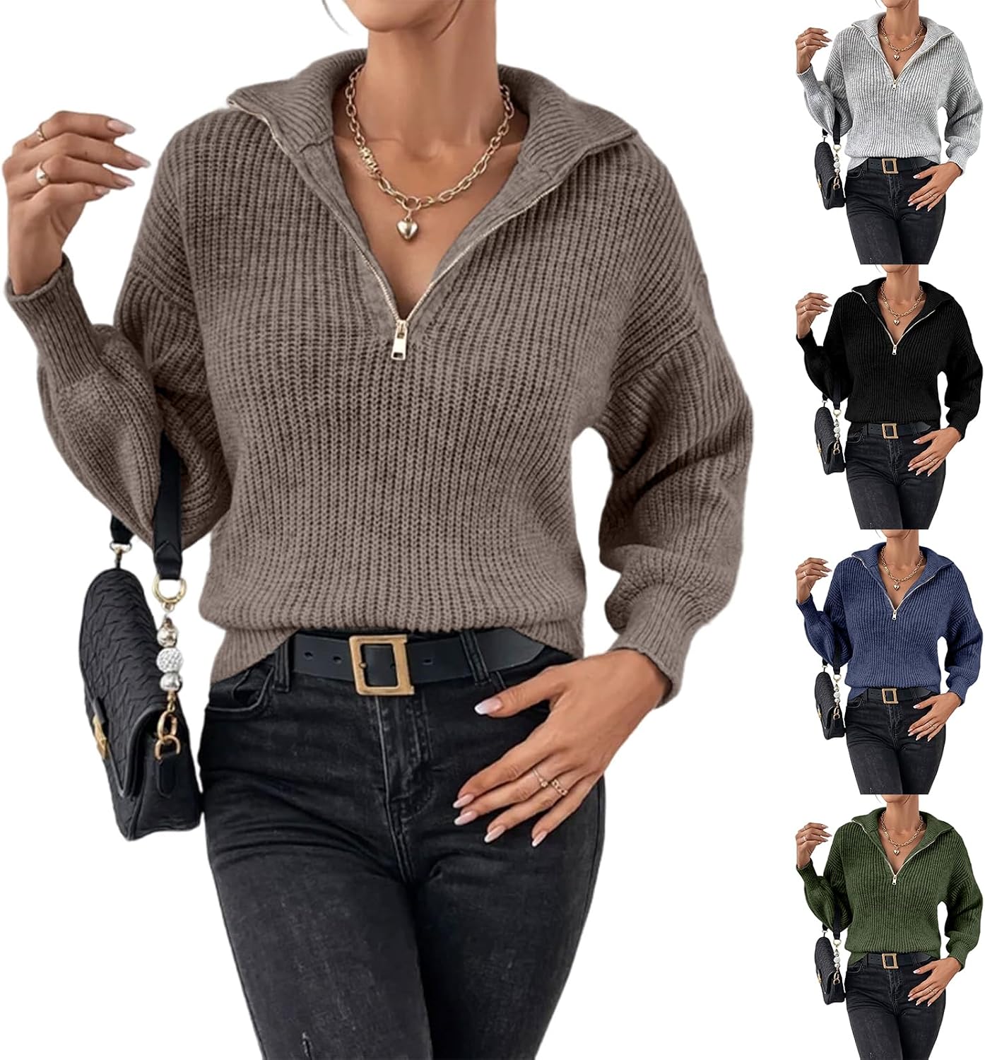 Active Women ' s Shawl Collar 1/4 Zip Sweater V Neck Pullover Comfortable Insulation Ideal for Hiking Walks and Nature Army Green