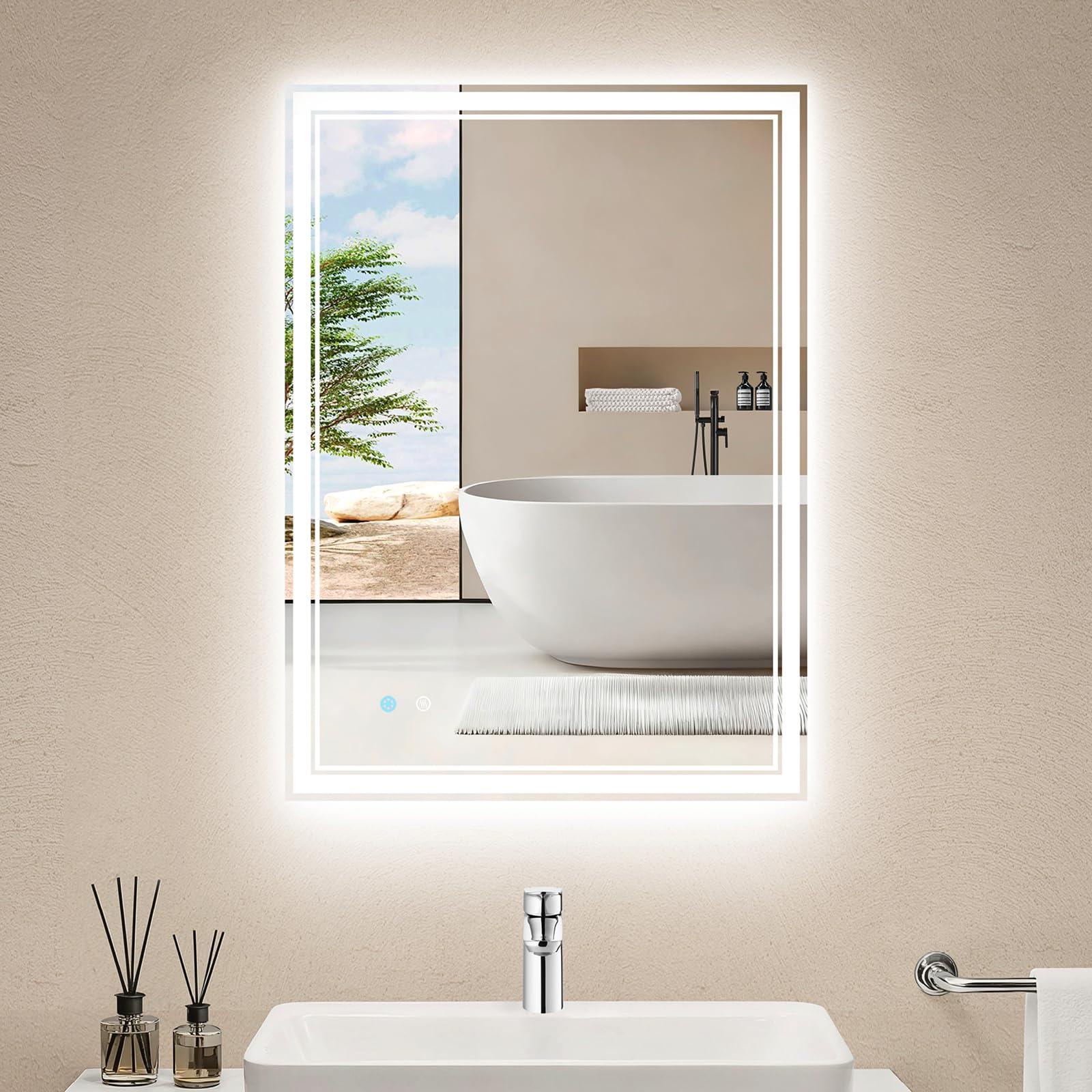 Espejo de Baño con Luz LED, Doble Fuente de Iluminación Frontal y Trasera, Espejo Antivaho con 3 Colores Regulables, Memoria y Sensor Táctil, IP44, Montaje Horizontal/Vertical