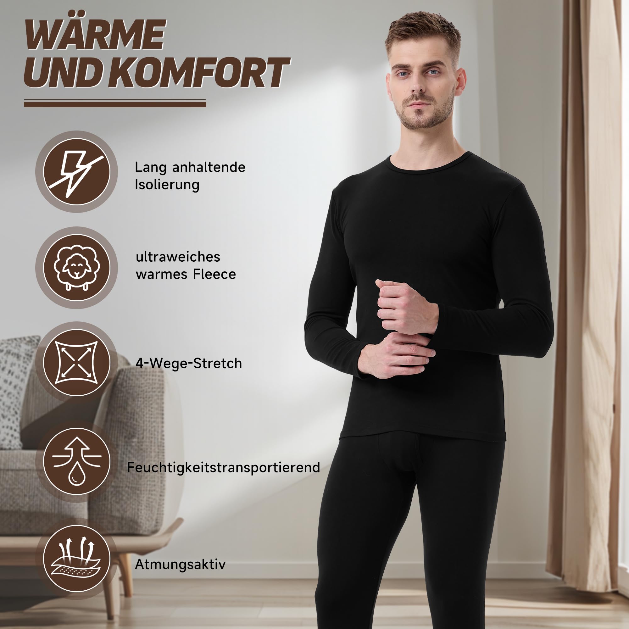 BAMBOO COOL Thermounterwäsche Herren Funktionsunterwäsche Set Atmungsaktive Innenfleece Skiunterwäsche Männer Winter für Joggen Radfahren Fußball Skifahren Motorrad Warme
