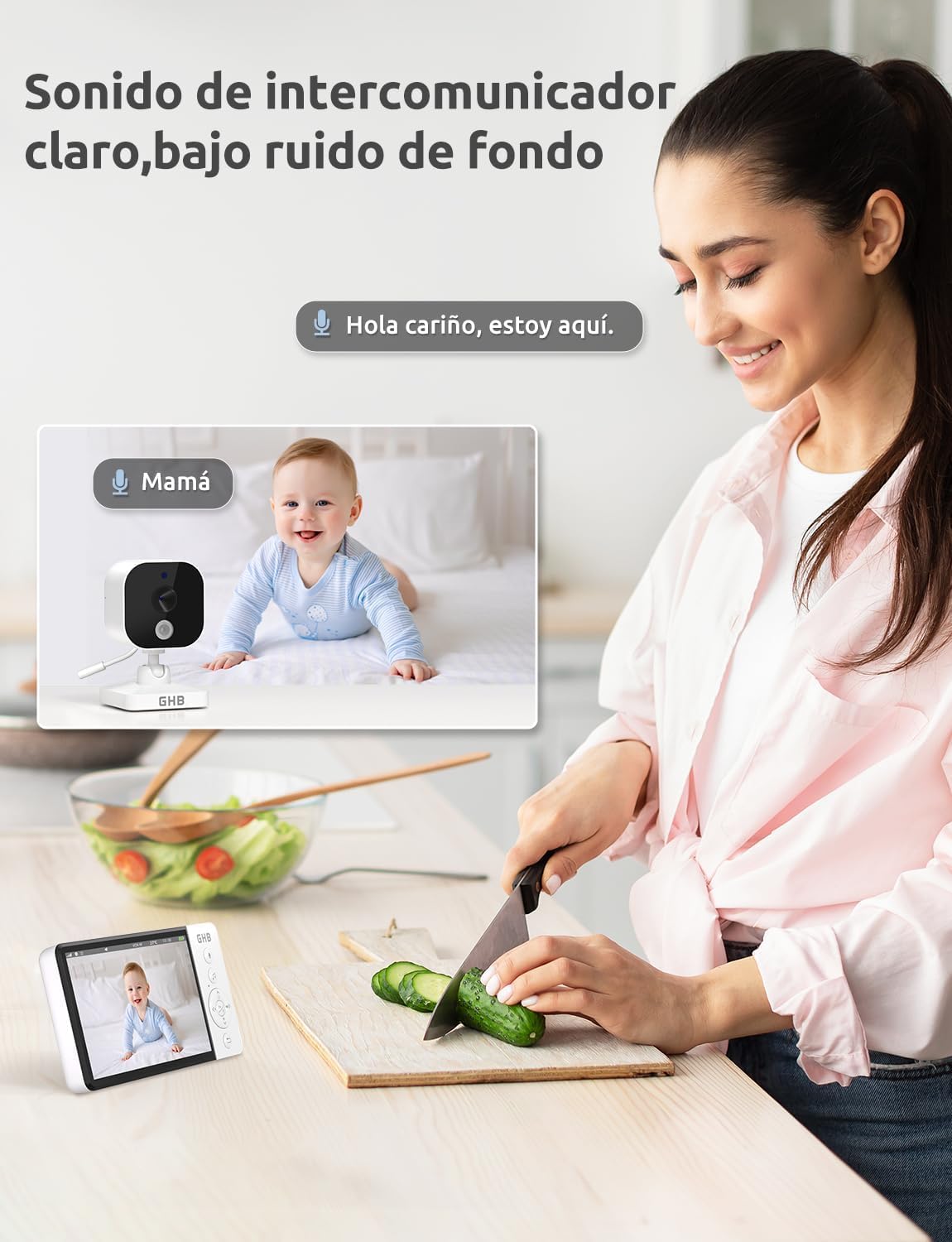 GHB Camara Vigilancia Bebe con 5" HD Vigilabebes con Camara Duración de Batería 168 Horas Pantalla Dividida, 4×Zoom, Comunicación Bidirecciona Escucha Bebe