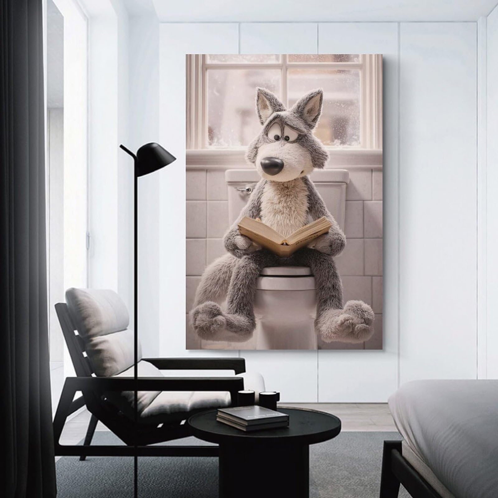 Junmoney Stuffed Wolf Reading on Toilet Decorative Wall Artwork, 24x36inch(60x90cm), for New Homes, Bedrooms Or Workspaces, Gift Idea for Housewarming And Birthdays