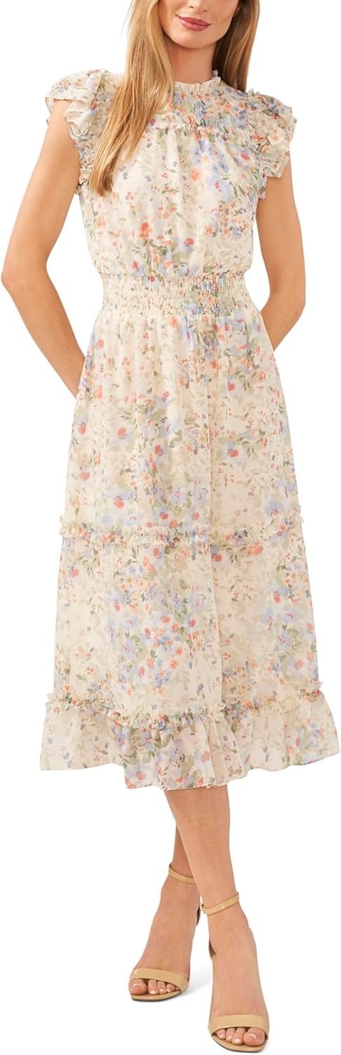 CeCe Women's Flutter Sleeve Smocked Waist Tiered Midi Dress