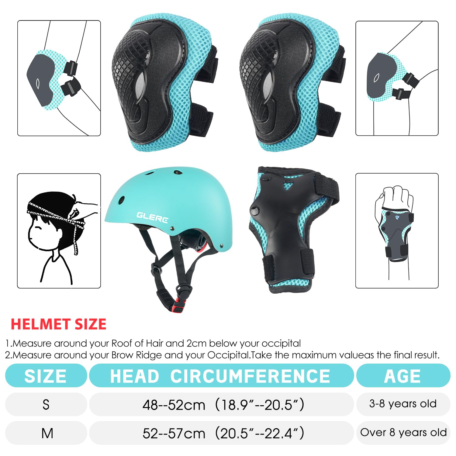Glerc Casque de Protection pour Enfants, Genoux et Poignets pour garçons et Filles, Casque de Skateboard réglable, adapté au Skateboard et au Patinage à roulettes.