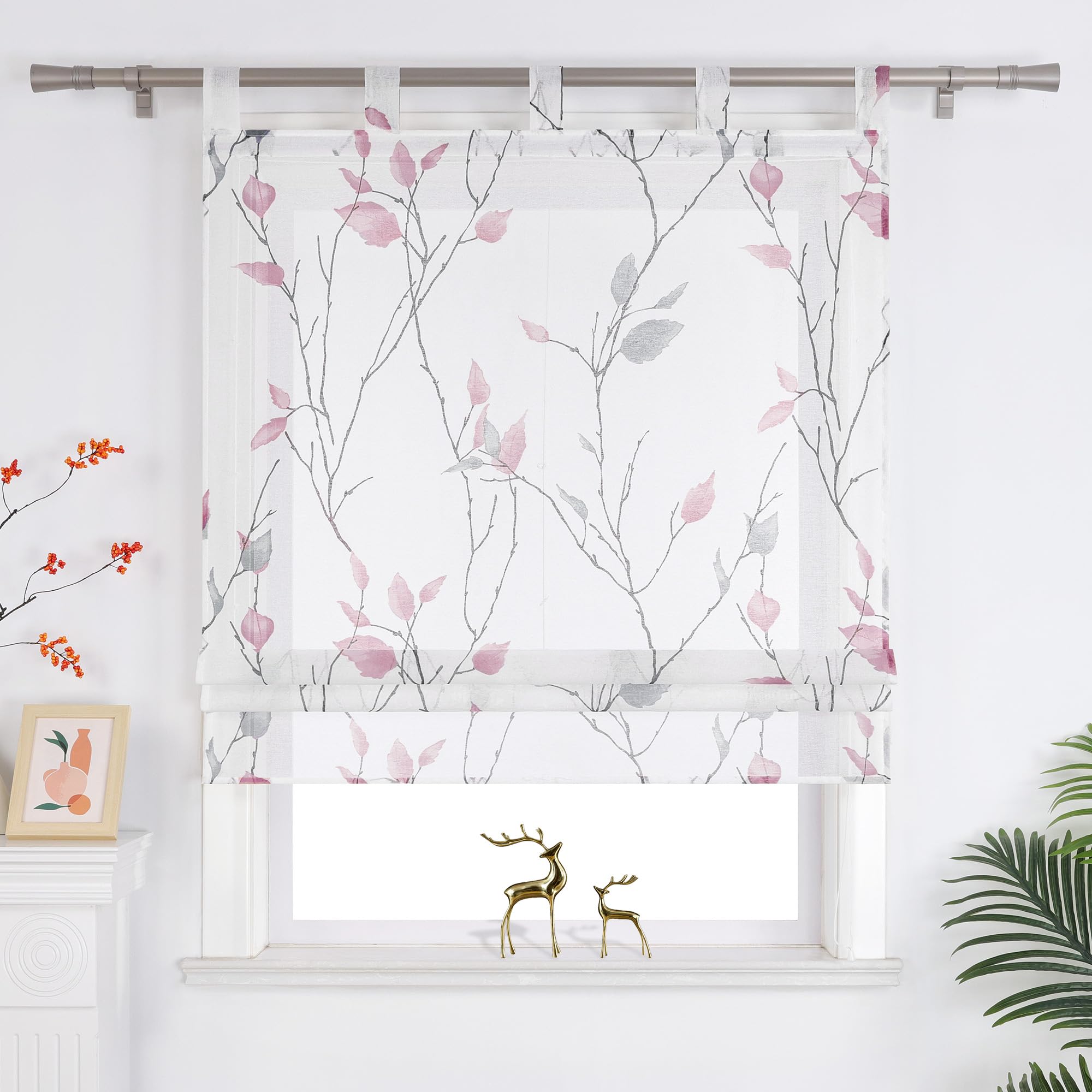 Joyswahl Raffrollo mit Schlaufen Landhausstil Raffgardinen Wohnzimmer Schlaufenrollo Fenster Vorhänge Transparent mit Blatt- und Blumenmuster BxH 140x140 cm Violett 1er Pack