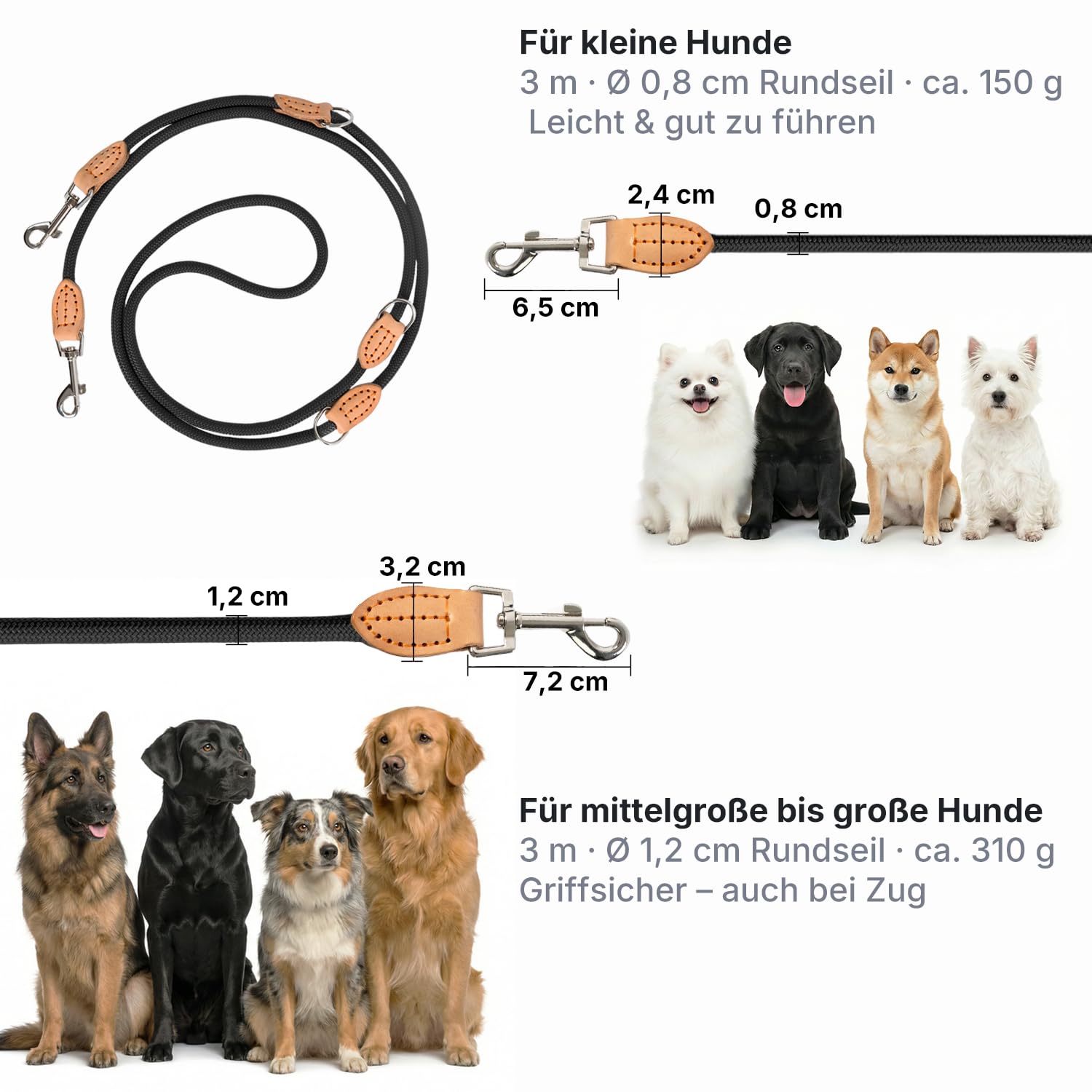 3 m Verstellbare Multifunktions-Hundeleine aus Nylon & Leder – Führ-, Schulter- & Hüftleine für kleine bis große Hunde – Robust für Training, Spaziergang & Joggen (Schwarz, 3m x 0.8cm)
