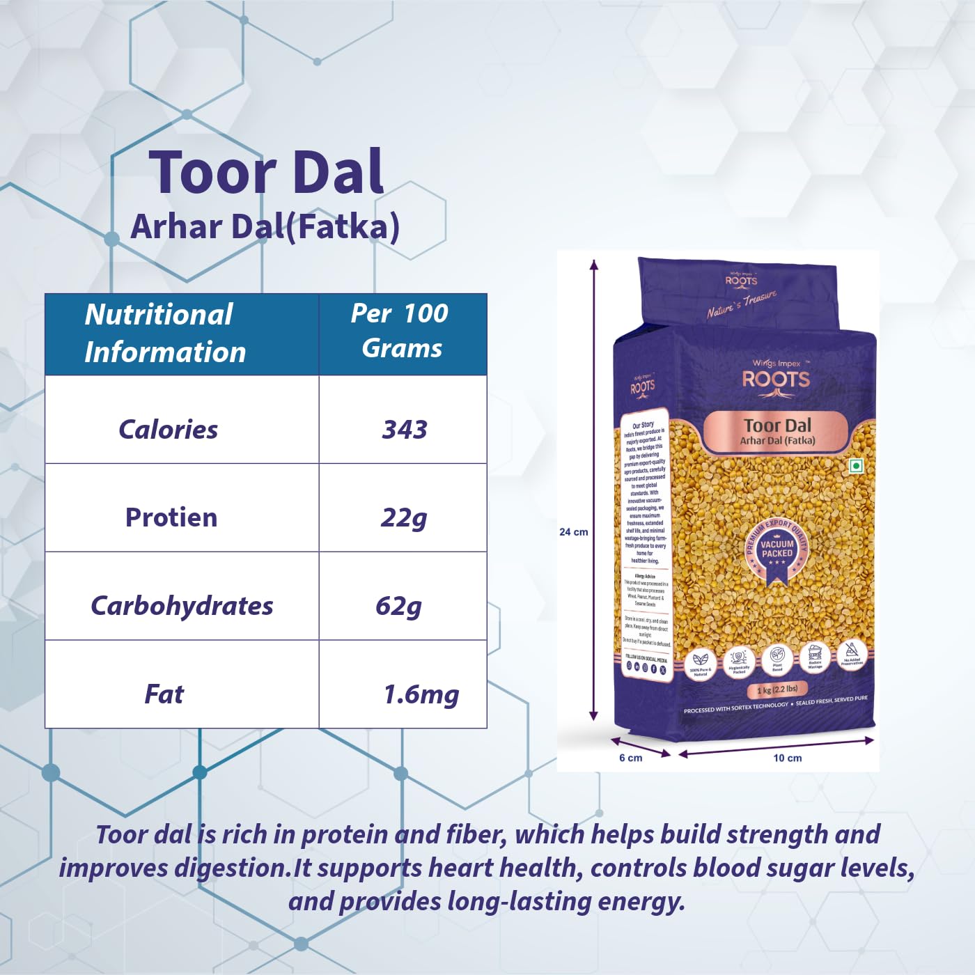 Roots Toor Dal Fatka 5 kg (1 kg- Pack of 5) | Premium Arhar Dal | Protein-Rich & Unpolished Dal | Hygienically Packed | Vacuum Packed - Image 2 thumbnail