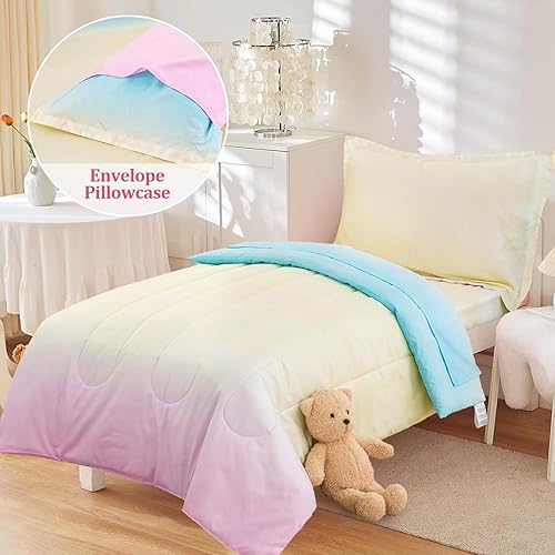 Miniatura 4 de Juego de ropa de cama de 4 piezas para niñas, edredón rosa arcoíris para bebé, microfibra suave con edredón acolchado, sábana encimera, sábana