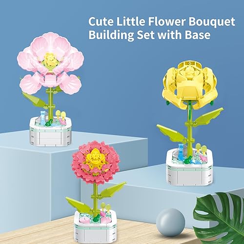 Miniatura 4 de Juego de construcción de ramo de flores con base, flores artificiales de peonía roja, bloques de construcción para decoración de oficina en casa,