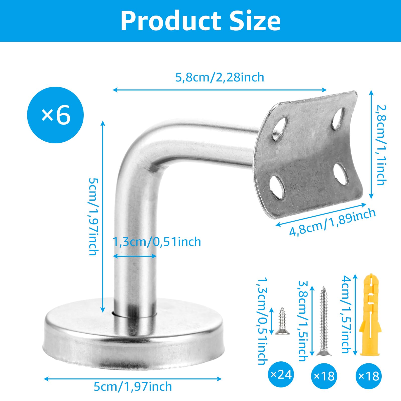 6 soportes para pasamanos de acero inoxidable, 60 x 60 mm, soporte de pared, soporte para pasamanos con roseta, soporte de pasamanos plateado para pasillos, escaleras y baños