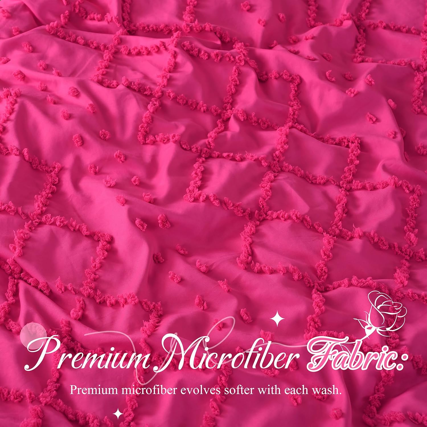 Manyshofu 5Pcs Boho Queen Duvet Cover Set - Tufted Hot Pink Duvet Cover Pattern, Shabby Chic Boho Bedding Set Textured Comforter Covers with Embroidery Pillow Shams