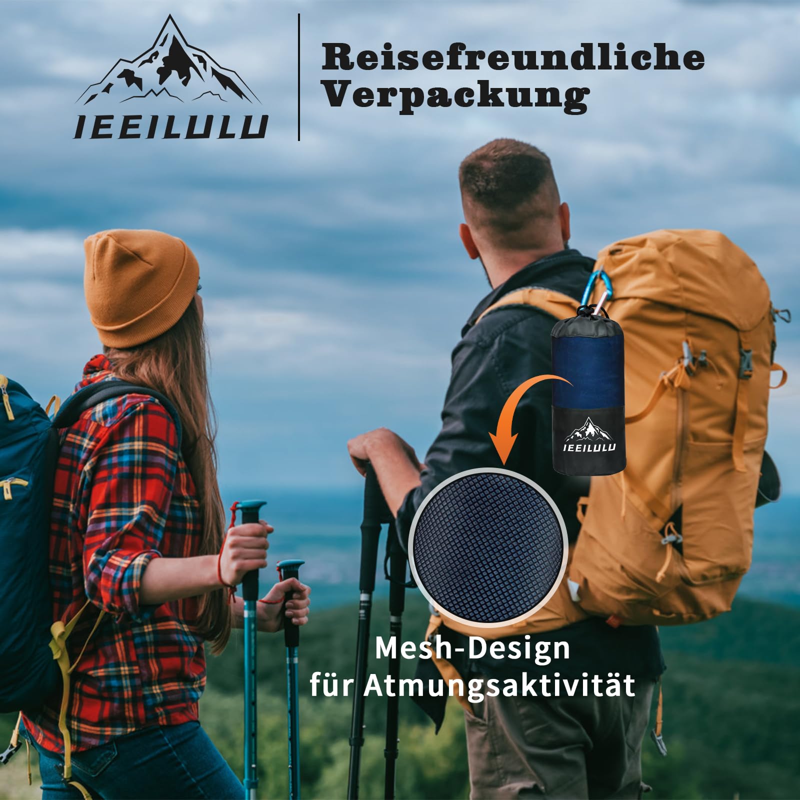 IEEILULU Hüttenschlafsack Baumwolle, Hüttenschlafsack, Reiseschlafsack mit Zwei Wege Reißverschluss Handytasche, Kleines Packmaß, Schlafsack Ultraleicht für Erwachsene Camping Wandern Hotels