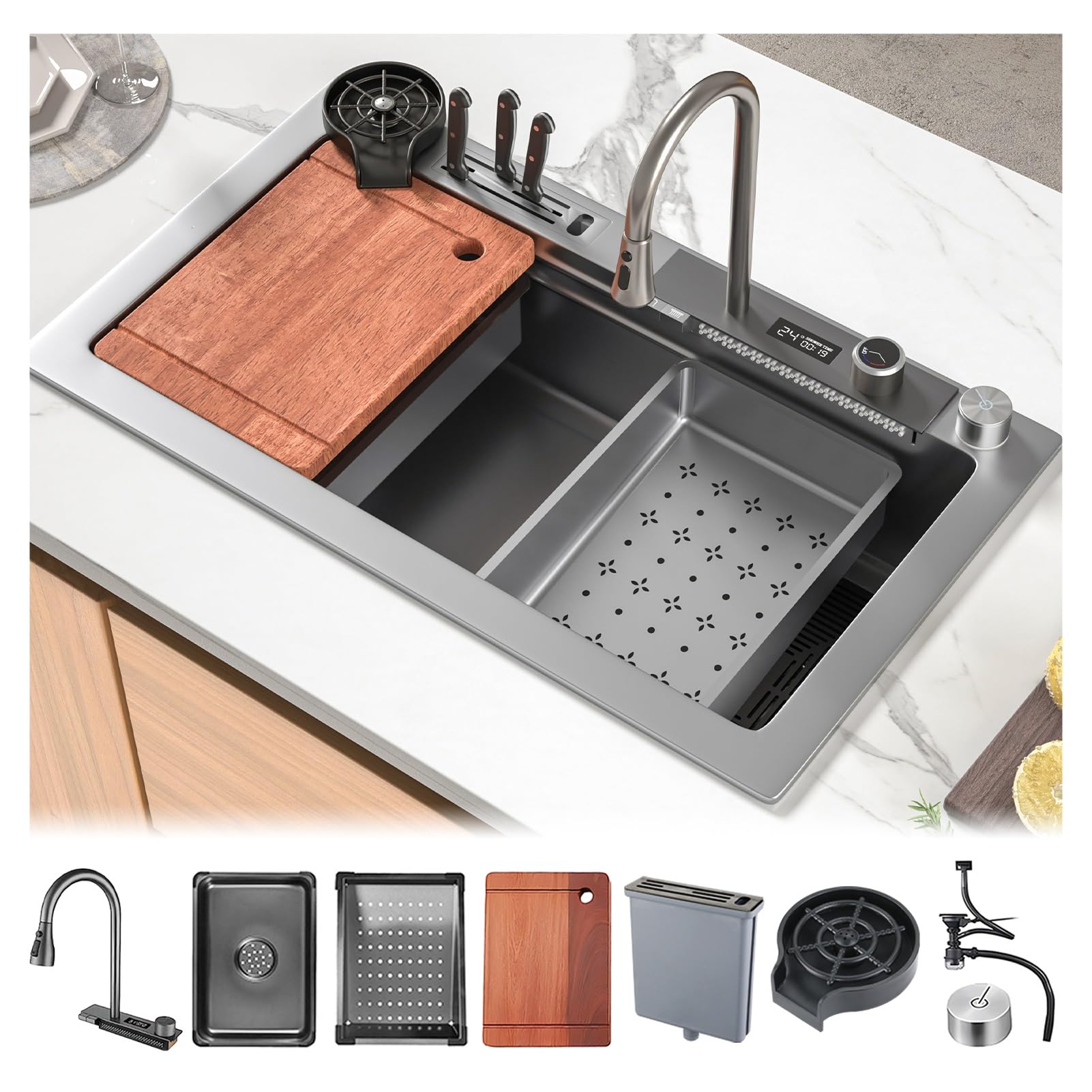 HYSOPSPX Stainless Steel Waterfall Kitchen Sink - Large Single Bowl, Multifunctional Topmount Bar with Integrated Faucet & Complete Accessories(Gray,80x45cm)