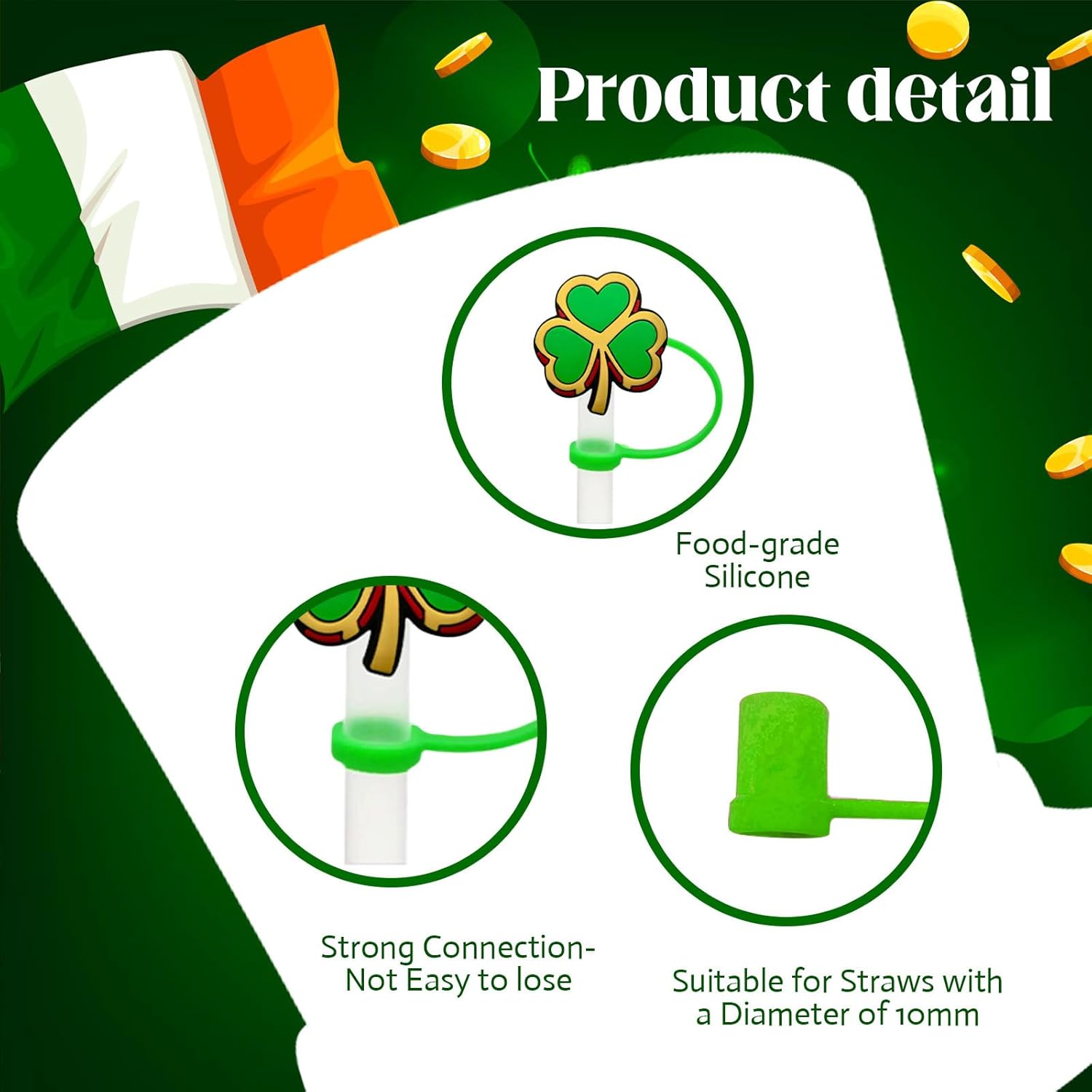 10Pcs St. Patrick's Day Straw Cover Cap for Stanley Cup Cute Shamrock Hat Gnomes Pattern Reusable Silione Straw Toppers Irish Green Straw Topper Straw Covers for St Patricks Day Gifts（10mm） - Image 4