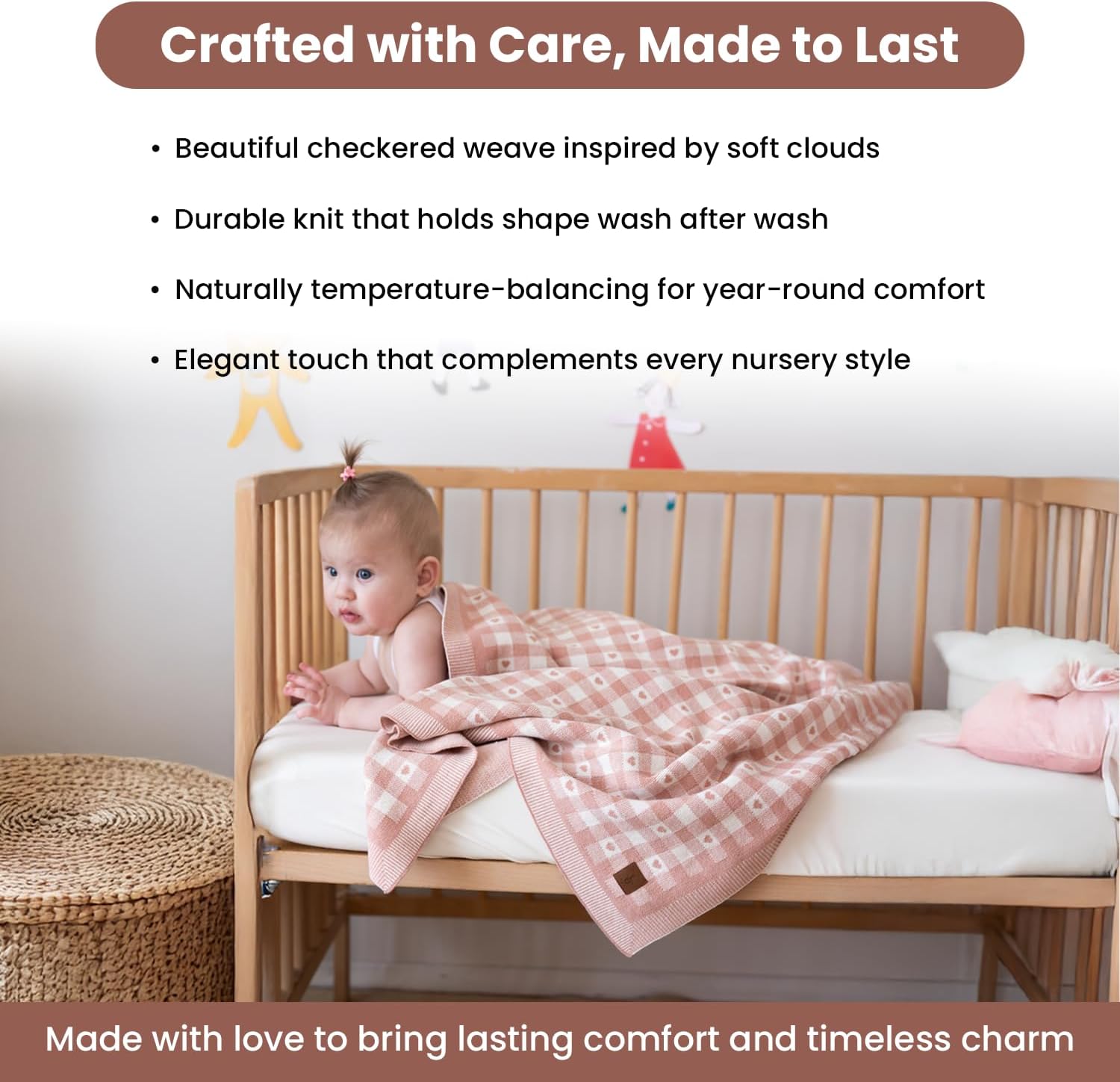 Gender-Neutral Checkered Baby Blanket 30x40 Inches, Pink Heart – 100% Organic GOTS Certified Cotton, Soft and Lightweight, Cloud Pattern Design, Perfect for Swaddling