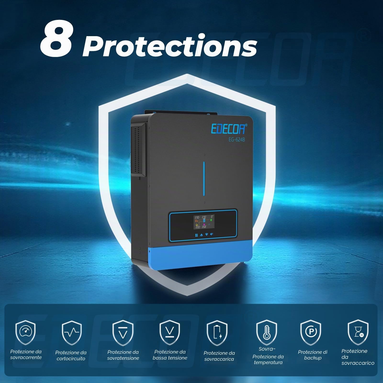 EDECOA Inverter ibrido 6200 W 48 V 230 V caricatore solare MPPT 120 A Pur Sinus 60-500 Vdc Off-Grid BMS Comunicazione Caricabatterie Priorità di rete Regolatore di carica solare (compatibile con WiFi)