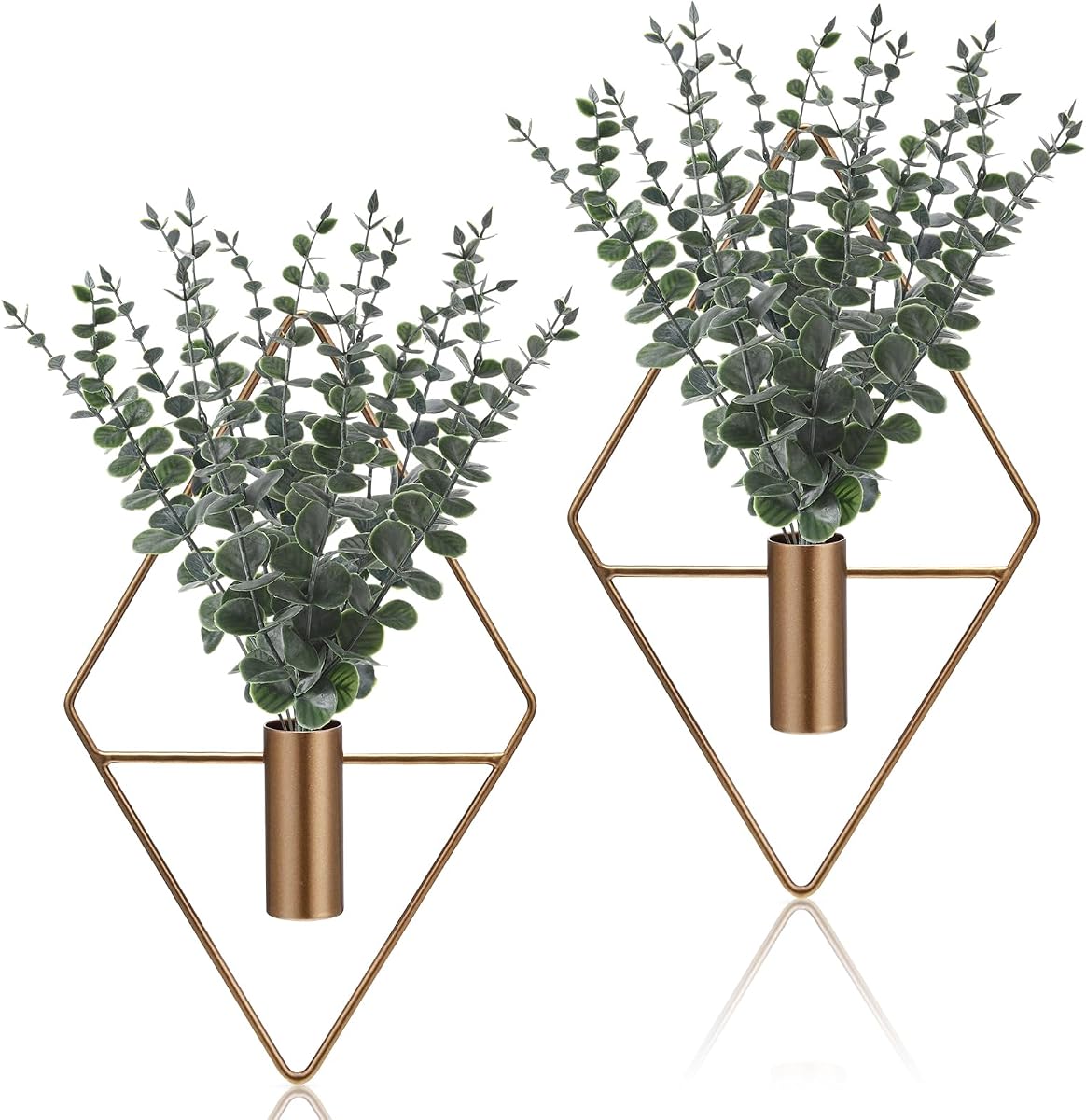 Jexine 4 Pcs Hanging Planters with Artificial Eucalyptus Metal Hanging Vase Indoor Plants Holder Modern Geometric Boho Bathroom Wall Decor for Living Room Home Office (Eucalyptus,Bronze)