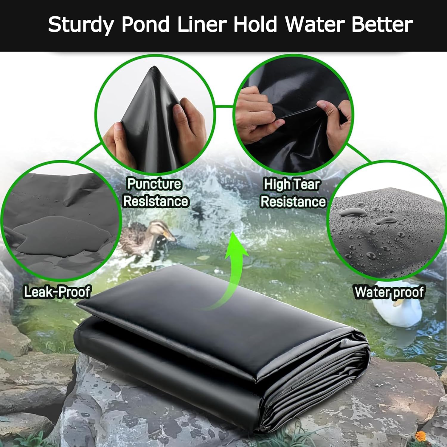 Heavy Duty Black Pond Liner - Waterproof Garden Membrane 1x1m, 4x6m, 5x8m, 6x10m, 9x11m - Durable & Elastic Sealing Film for Landscaping & Water Containment