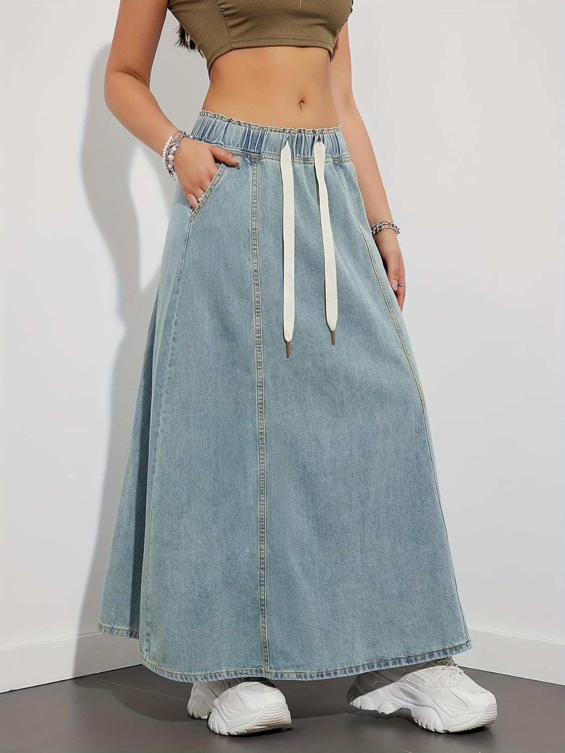 yoeasy Women's Drawstring Elastic High Waist Denim Skirt Casual Flowy Swing A-Line Long Maxi Flare Denim Skirt - Image 2