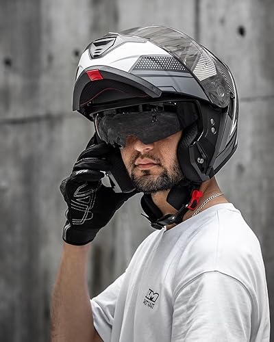 Miniatura 8 de ILM Casco modular de motocicleta para adultos, cara completa, abatible, con doble visera, Street Bike Racing DOT modelo MM966 (negro y blanco, L)
