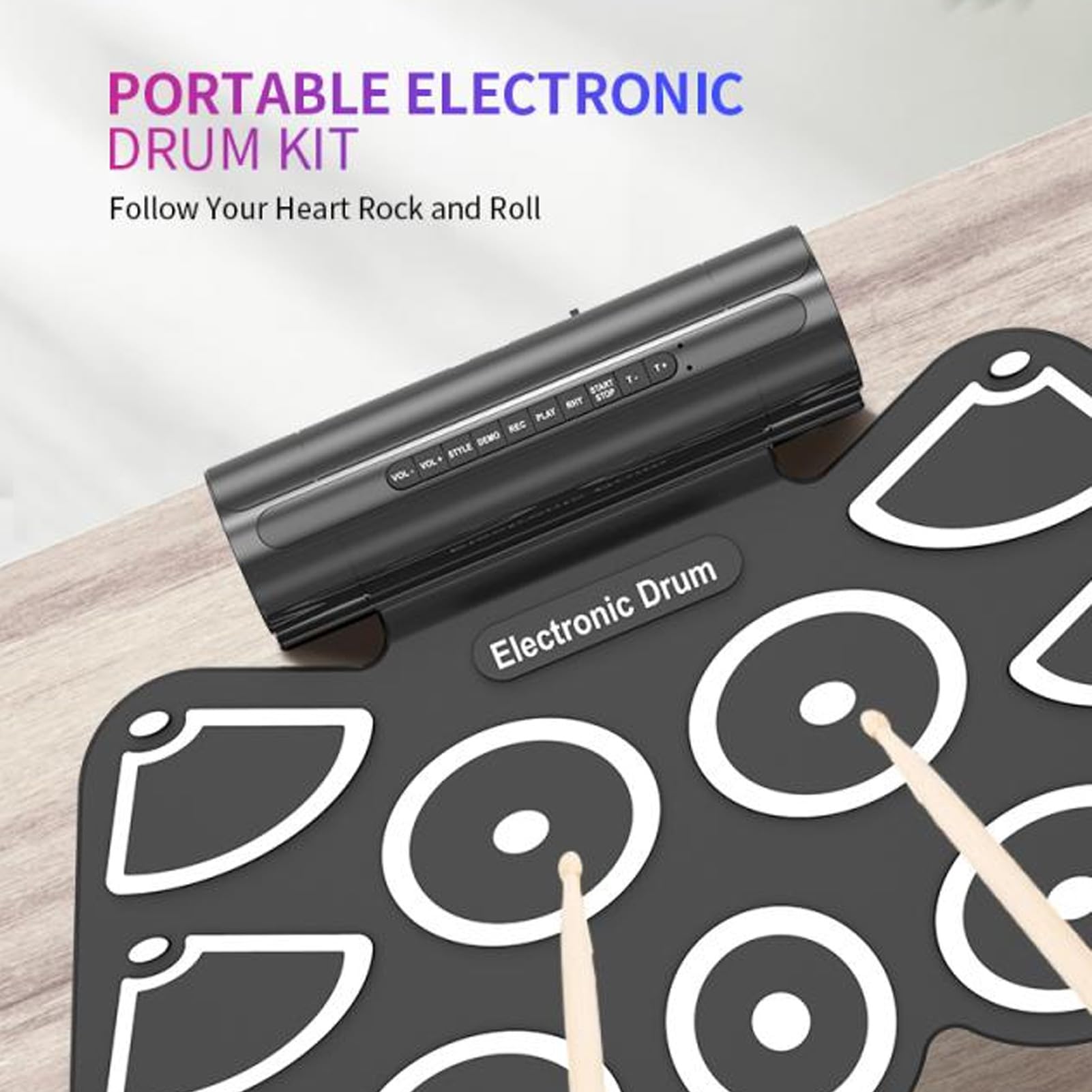Juego de Batería Electrónica, 9 Almohadillas, Almohadilla de Batería Eléctrica, Almohadilla de Batería Enrollable, Altavoces Estéreo Duales Integrados, Función MIDI Compatible,